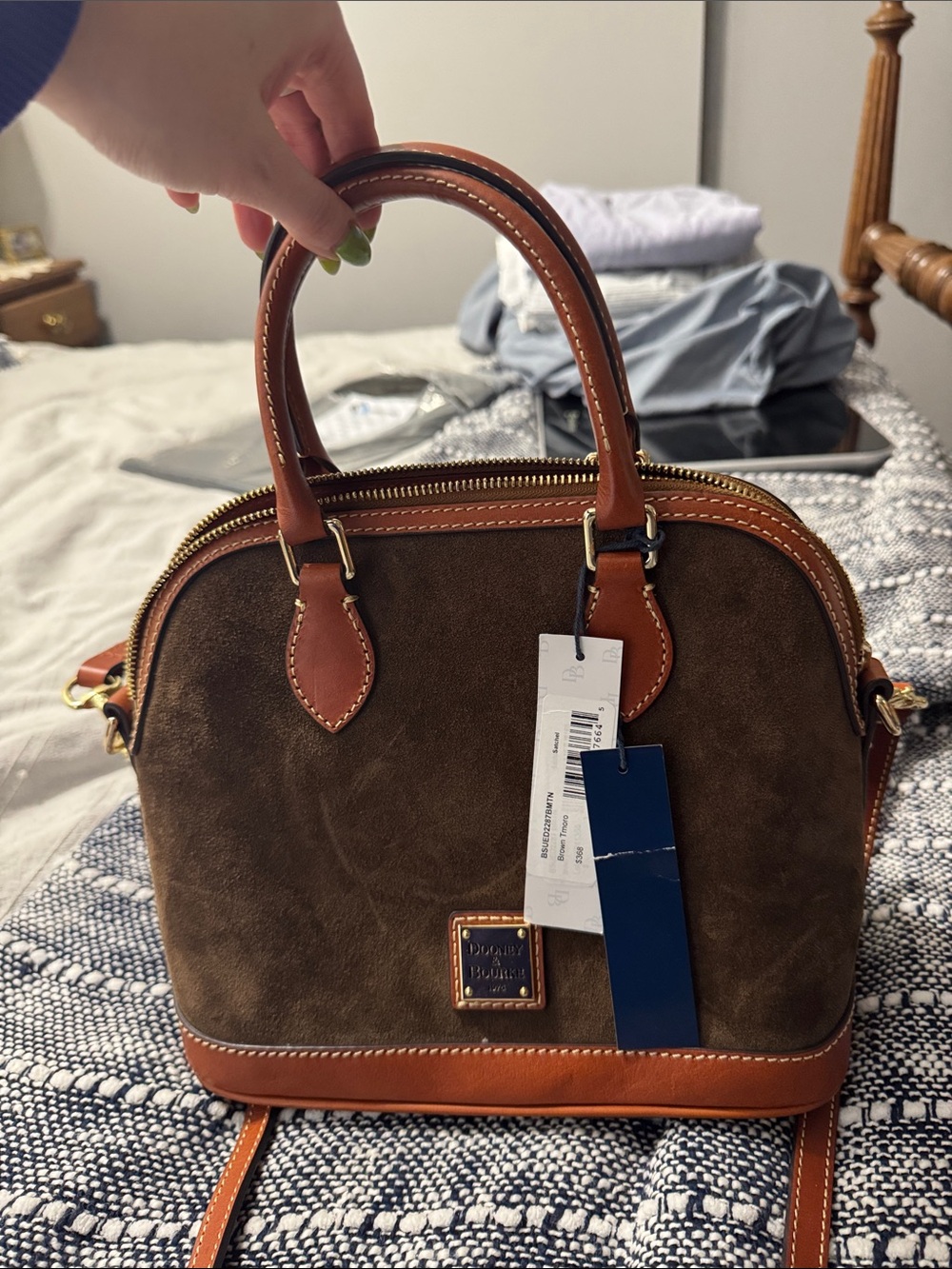 Dooney & Bourke Brown Suede Satchel with Tan Leather Trim